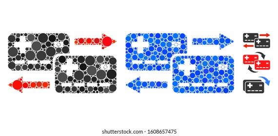 Medical cards exchange mosaic of circle elements in different sizes and shades, based on medical cards exchange icon. Vector circle elements are organized into blue illustration.