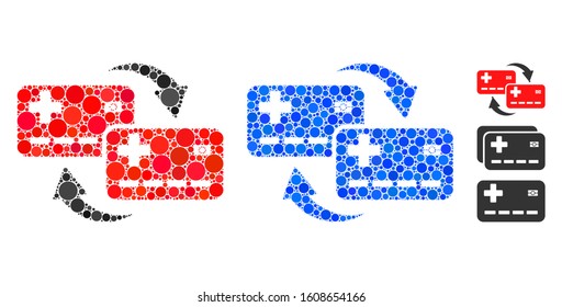 Medical cards transfer composition of small circles in different sizes and shades, based on medical cards transfer icon. Vector filled circles are united into blue composition.