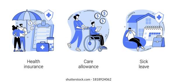 Medical Care Abstract Concept Vector Illustration Set. Health Insurance, Care Allowance, Sick Leave, Application Form, Emergency Coverage, Home Nurse, Social Insurance, Home Office Abstract Metaphor.