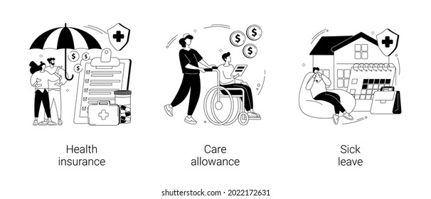 Medical Care Abstract Concept Vector Illustration Set. Health Insurance, Care Allowance, Sick Leave, Application Form, Emergency Coverage, Home Nurse, Social Insurance, Home Office Abstract Metaphor.