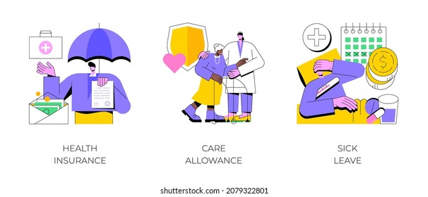 Medical Care Abstract Concept Vector Illustration Set. Health Insurance, Care Allowance, Sick Leave, Application Form, Emergency Coverage, Home Nurse, Social Insurance, Home Office Abstract Metaphor.