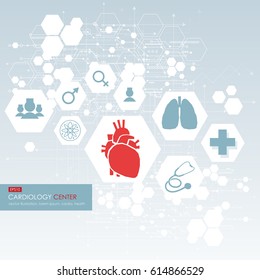 Medical care background with human heart and lungs. Medical clinic logo.