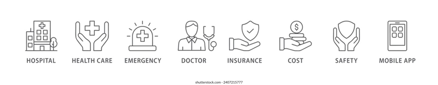 Banner de atención médica icono web ilustración vectorial concepto con icono de hospital, atención de salud, emergencia, médico, seguro, costo, seguridad, aplicación móvil