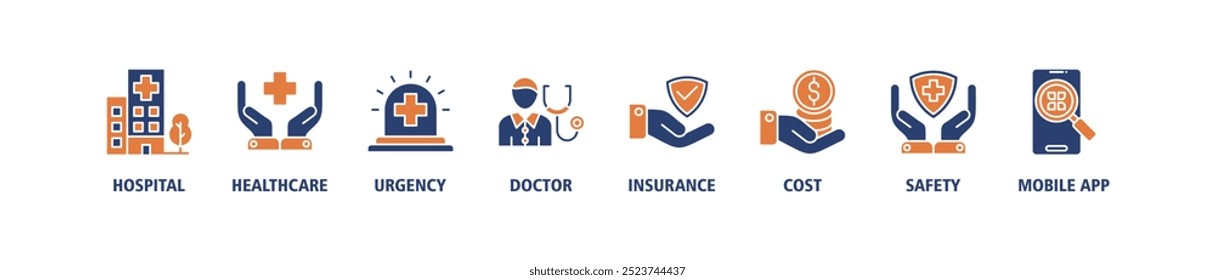 Medical care banner web icon set infographics vector illustration concept with icon of hospital, health care, emergency, doctor, insurance, cost, safety, mobile app icons symbol background