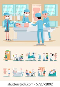 Medical care composition with doctors patients liposuction surgery and different plastic procedures vector illustration