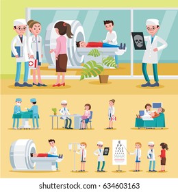 Medical care composition with surgery female doctor abdominal ultrasound and MRI procedures nurse ophthalmologist consultation vector illustration