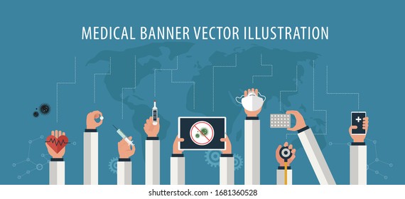 medical care concept banner, doctor hand and arm show medical device and related equipment together on blue background