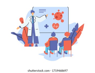 medical care concept design vector illustration. Doctor ask to people about virus corona. doctor preseentation.