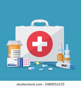 Medizinisches Versorgungskonzept. Medizinisches Kit Stethoskop-Thermometer-Medikamente und Pillen Krankenhaus-Ikone. Vektorillustration im flachen Stil.