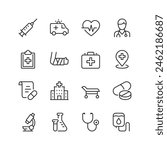Medical Care and Diagnostics, linear style icon set. Healthcare services, treatments, and examinations. Tools and equipment for medical professionals. First aid. Editable stroke width