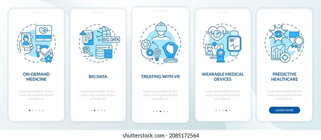 Medical care digitalization onboarding mobile app page screen. Medicine walkthrough 5 steps graphic instructions with concepts. UI, UX, GUI vector template with linear color illustrations