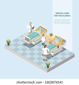 Medical care for elderly isometric background with doctor doing medical checkup and treatment in nursing home vector illustration 