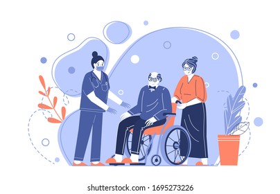 Medical care for the elderly. A nurse helps Grandpa in a wheelchair. Taking care of pensioners. Vector illustration in a flat style