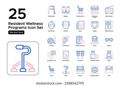 Medical Care for the Elderly. Nursing Home Facilities, Assistance, and Healthcare. Vector Illustration. Oultine duo tone icon set