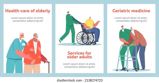 Medical Care of Elderly People Banners. Medics Help Old Disabled People in Nursing Home or Clinic. Social Worker Staff Care of Sick Seniors on Wheelchair, Nurse Service. Cartoon Vector Posters