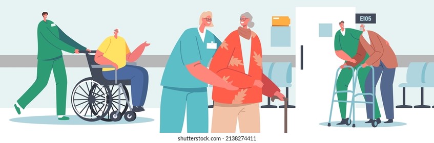 Medical Care of Elderly People Concept. Medics Help Old Disabled People in Nursing Home or Clinic. Social Worker Staff Care of Sick Seniors on Wheelchair, Nurse Service. Cartoon Vector Illustration