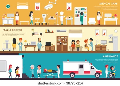 Medical Care Family Doctor Ambulance flat hospital interior outdoor concept web vector illustration. Sugrery, Patients, First Aid, Medicine service Presentations