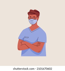 Medical care. Half-length portrait of doctor in mask and crossed arms in surgical suit. Health professional, surgeon, laboratory assistant. Vector illustration in flat cartoon style.