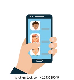 Medical care with hand holding smartphone with male and female doctors on call and an online consultation vector cartoon illustration. Medical healthcare online concept.