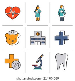 Medical care and health isolated line icons set modern trendy vector illustration