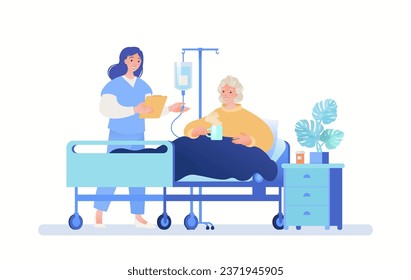 Medical care and health plan for elderly people Concept. Female patient on medical bed receiving IV and medication in the care of nurse. Vector flat cartoon illustration.