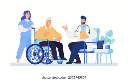 Medical care and health plan for elderly people Concept. Male patient on wheelchair in the care of doctor and nurse. Vector flat cartoon illustration.