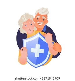 Medical care and health plan for elderly people Concept. Happy elderly embracing couple holding medical shield. Vector flat cartoon illustration.