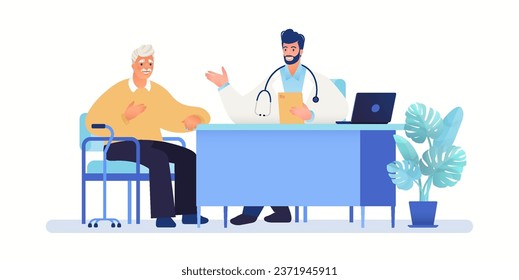 Medizinische Versorgung und Gesundheitsplan für ältere Menschen Konzept. Geriatrische Beratung von Arzt und männlichen Patienten bei der Diagnose. Vektorflache Cartoon-Illustration.