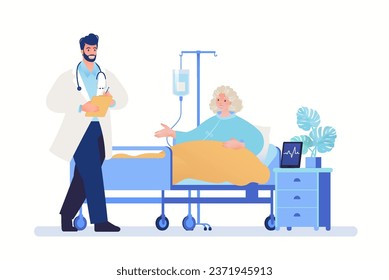 Medical care and health plan for elderly people Concept. Female patient on medical bed receiving IV in the care of doctor. Vector flat cartoon illustration.