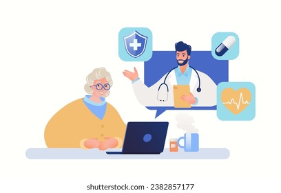 Medical care and health plan for seniors concept. Senior woman seeking medical advice with doctor using laptop computer app. Vector flat cartoon illustration.