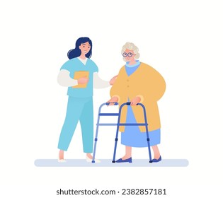 Atención médica y plan de salud para adultos mayores. Enfermero o trabajador de la salud cuidando de ancianas. Ilustración de dibujos animados planos vectores.