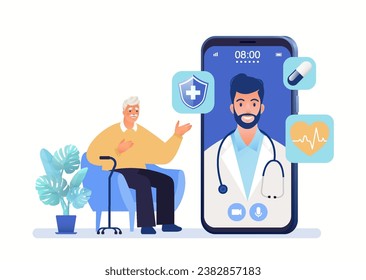  Medical care and health plan for seniors concept. Senior men seeking medical advice with doctor using smartphone app. Vector flat cartoon illustration.