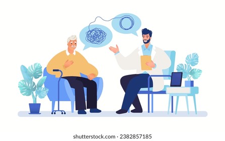 Medical care and health plan for seniors concept. Sad elderly man talking with psychiatrist. Vector flat cartoon illustration.