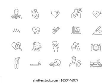 Medical Care In Heart Problem Patient Icon Set, Black Thin Line Design