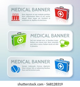 Medical care Horizontal Banners with text first aid kits pills drugs in realistic style isolated vector illustration