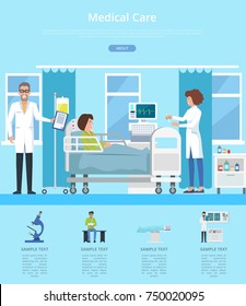 Medical care hospital review with doctor and nurse taking care after patient. Vector illustration with clinic room on blue background