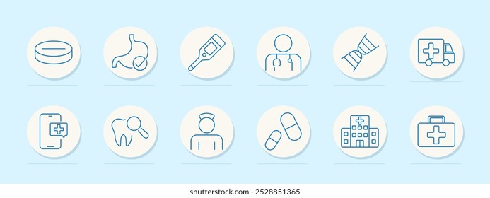 Medical care icon. Pill, stomach, thermometer, doctor, DNA, ambulance, mobile health app, dental check, nurse, pills, hospital, first aid kit, healthcare, emergency services, diagnostics, treatment