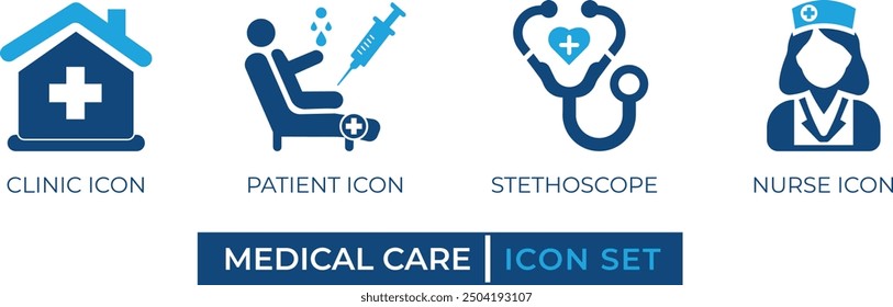 Medical Care Icon Set featuring essential healthcare elements like clinic, patient, stethoscope, and nurse. Perfect for medical websites, apps, and presentations. Editable vector graphics.