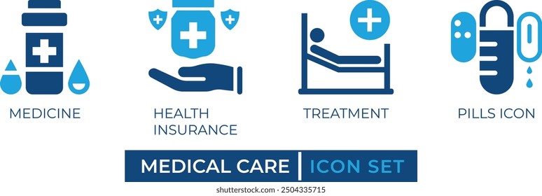 Medical Care Icon Set featuring essential healthcare elements like medicine, health insurance, treatment, and pills. Perfect for medical websites, apps, and presentations. Editable vector graphics.