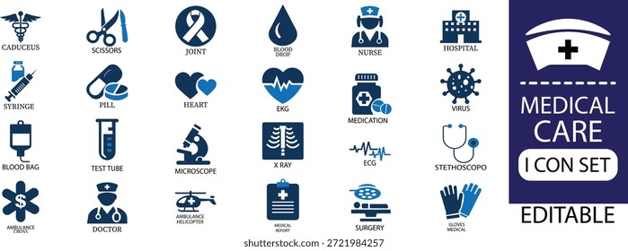 Medical care  icon set - solid icon collection vector illustration design.   Compassionate medical care combining expertise, empathy, and innovation to promote healing, restore dignity, and improve lives through accessible, patient-centered services for healthier communities everywhere globally.