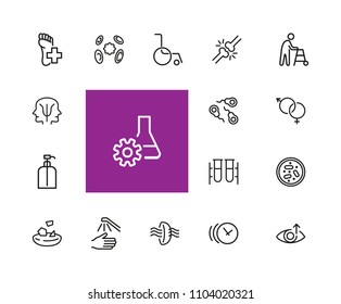 Medical care icons. Set of  line icons. Eye sight, virus, wheelchair. Wellness concept. Vector illustration can be used for topics like healthcare, medication, treatment.