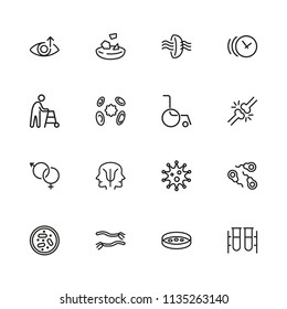 Medical care icons. Set of line icons. Eye sight, virus, wheelchair. Wellness concept. Vector illustration can be used for topics like healthcare, medication, treatment.