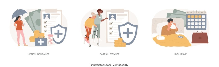 Medical care isolated concept vector illustration set. Health insurance, care allowance, sick leave, application form, emergency coverage, home nurse, social insurance, home office vector concept.