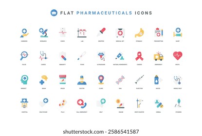 Medical care and laboratory research, health check in hospital color icon set. Healthcare and prescription treatment pills, emergency first aid and telemedicine help flat elements vector illustration