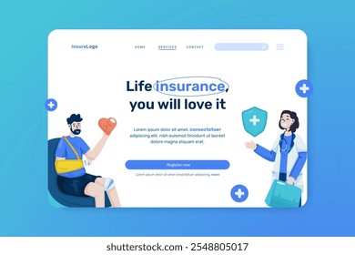 Medical care life insurance vector illustration on landing page design