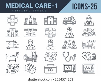 Medical care Line Editable 25 Icons set. Vector illustration in modern thin line style of medical care icons.