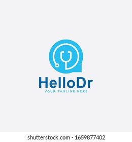 Medical Care Logo Design. Hello Doctor Abstract Vector. Bubble Chat And Stethoscope Icon Symbol.