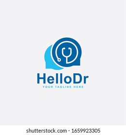 Medical Care Logo Design. Hello Doctor Abstract Vector. Bubble Chat And Stethoscope Icon Symbol.