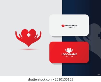 Medical care logo design. Hospital logo. Healthcare logo design with a hand and heart. Heat care. Pharmacy center. Presentation template.