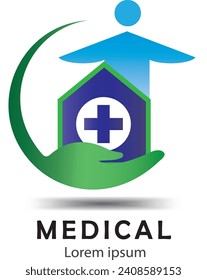 Logo de atención médica con símbolos humanos y de mano para centro médico, nombre de la empresa, nombre de marca, nombre personal. vector de diseño de estado de concepto.